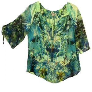 𝅺ENERGE World Wear Print Top 3/4 Sleeve Lined Green Multicolor Women Size S